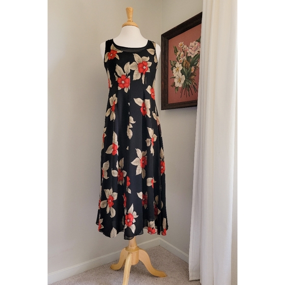 90s Black Floral Silk Scoop Neck 1990s Vintage Fully Lined Sleeveless Midi Dress - Picture 8 of 14